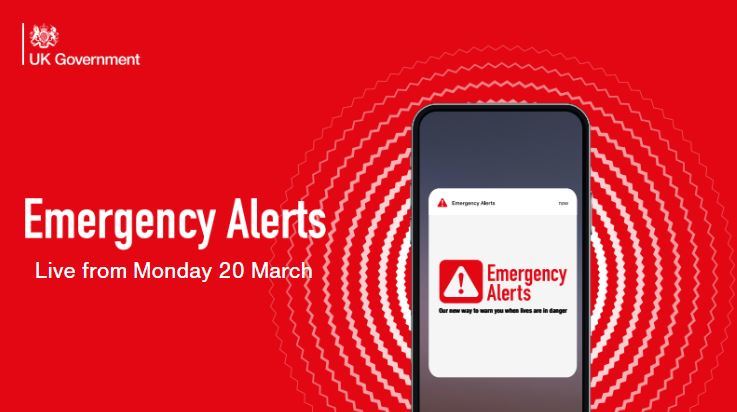 A mobile phone emitting circular sound waves. Text reads "Emergency Alerts - live from Monday 20 March"