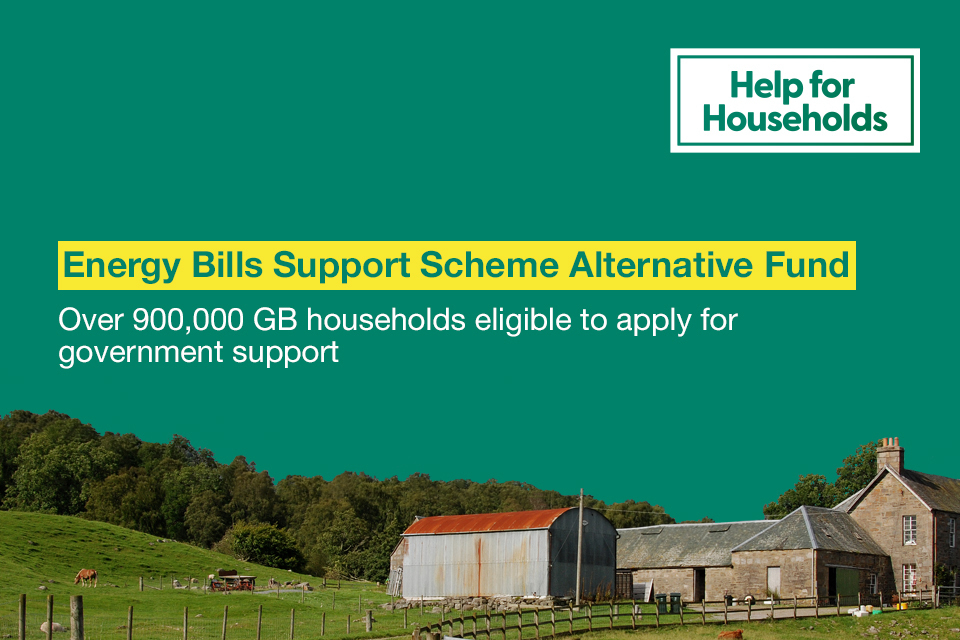 A farm on a hillside. Text about energy savings scheme help for 900,000 households. Help for Homes logo