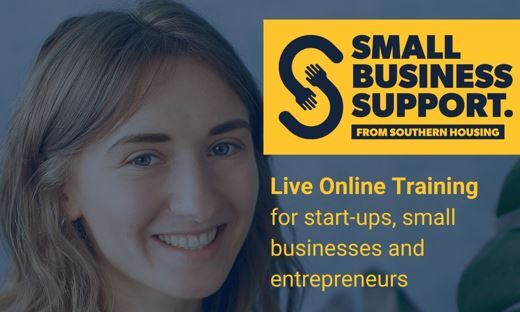 Woman smiling next to writing that says small business support