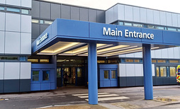 The entrance to Eastbourne District General Hospital.