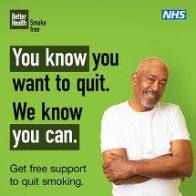 A man smiling with his arms crossed, with text reading ‘you know you want to quit. We know you can. Get free support to quit smoking’. 