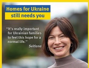 girl smile. Text says Homes for Ukraine still needs you