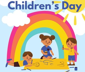 illustration of children playing. text read Children's Day