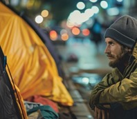 homeless person outside their tent.