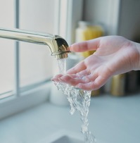 Someone washing their hands at the kitchen sink.