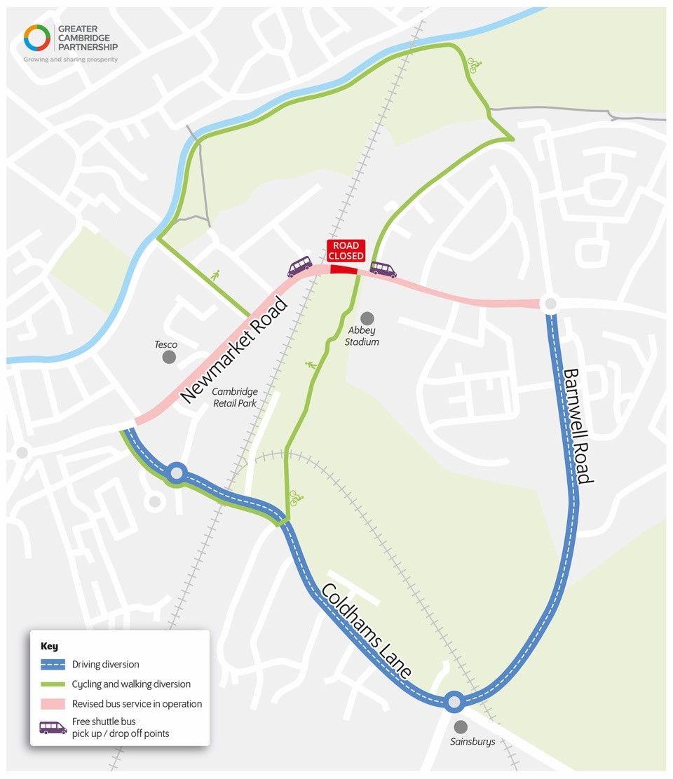 Map showing the diversion routes in place for the closure of Newmarket Road. Diversion via Barnwell Road and Coldhams Lane for motor traffic.