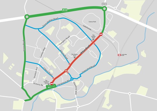 Map showing Milton Road closure and diversion route via the A14