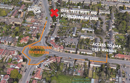 Image show Oak Tree Avenue pedestrian closure and the diversion via Elizabeth Way