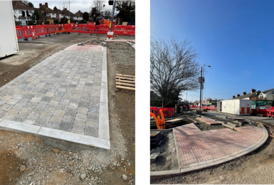 Two images showing progress of pavement installation at Union Lane.