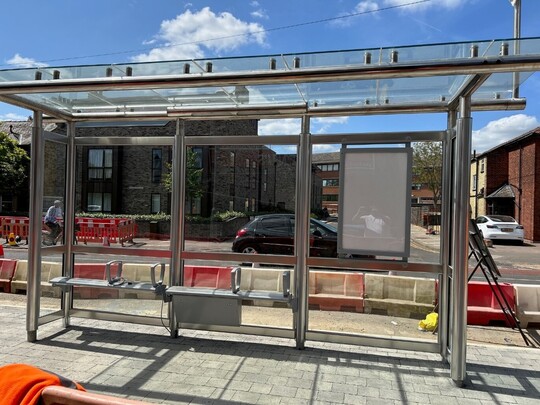 Newly installed bus stop at Mitcham's Corner