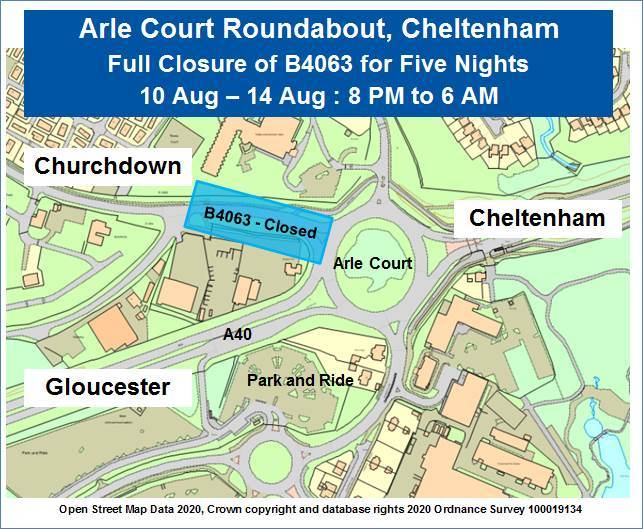 B4063  at Arle Court roundabout is closed over night 10 - 14 August 2020