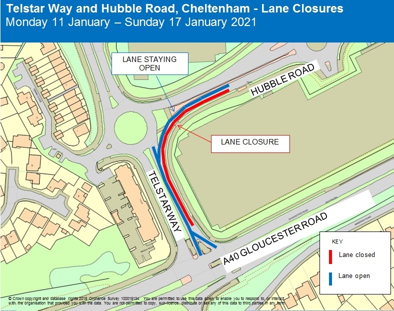 Telstar Way and Hubble Road lane closure map Jan 2021