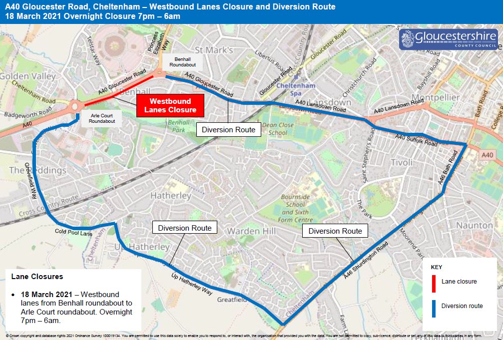 A40 westbound closure and diversion map; between Benhall roundabout and Alre Court roundabout overnight on 18 March 2021