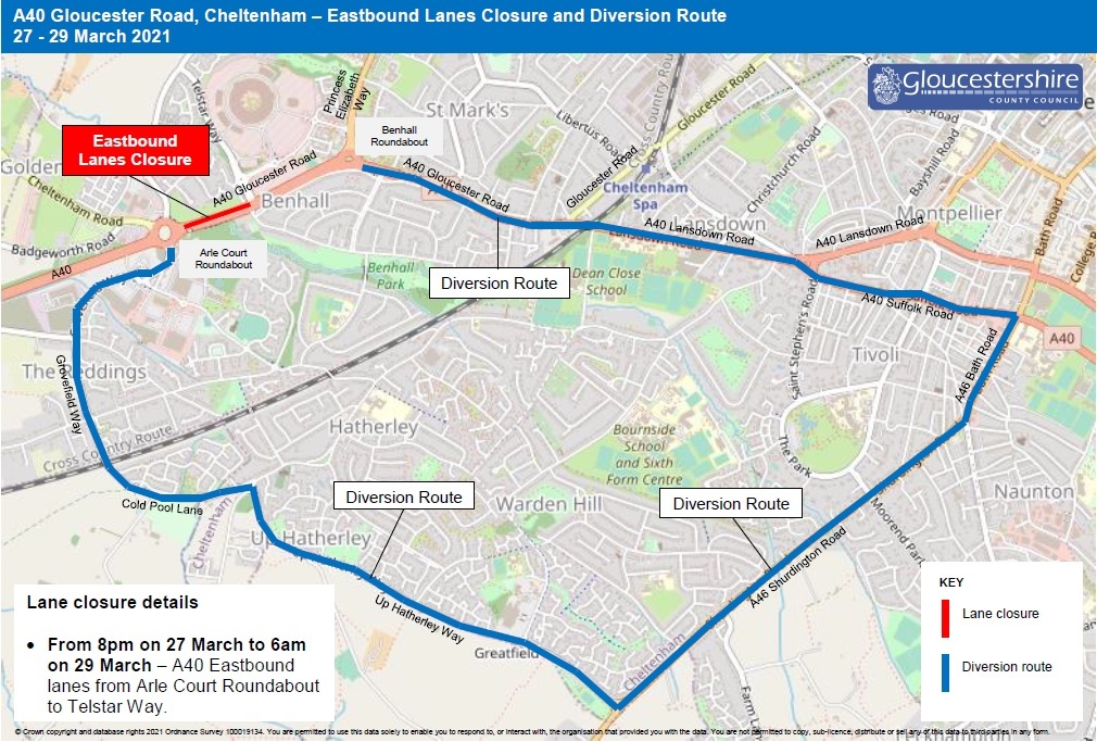 A40 Gloucester Road Eastbound Lanes Closure 27 - 29 March 21