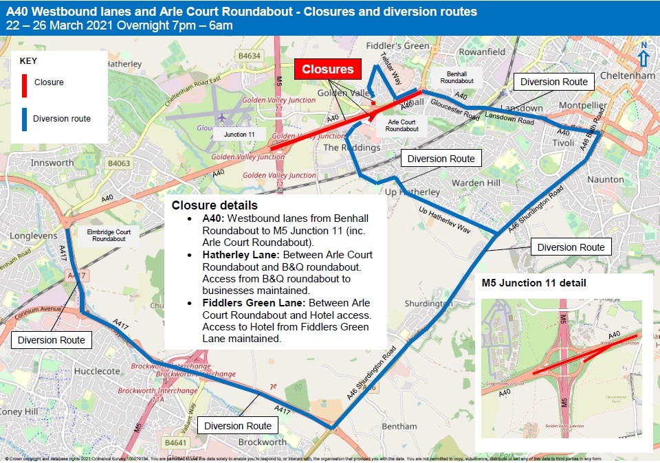 A40 Gloucester Road westbound Lanes  and Arle Court closures 22 - 26 March 21