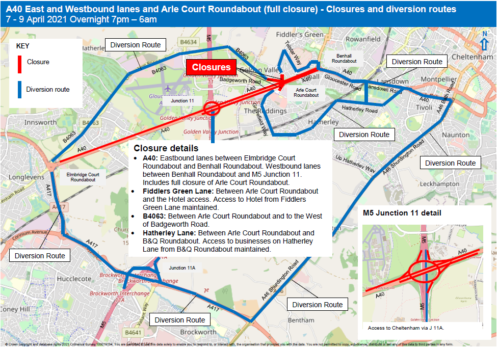 Map of A40 all lanes and Arle Court Roundabout full closure - 7 - 9 April