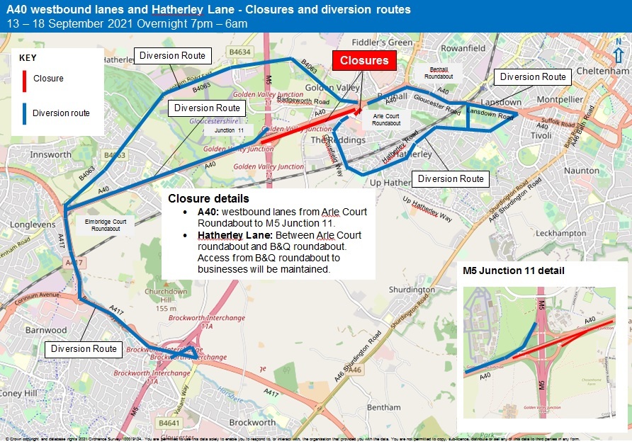 Map of closures - A40 westbound lanes and hatherley lane for 13 - 18 Sept 21