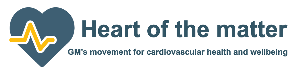 Words saying 'Heart of the Matter, GM's movement for cardiovascular health and wellbeing with a heart and heartbeat illustration