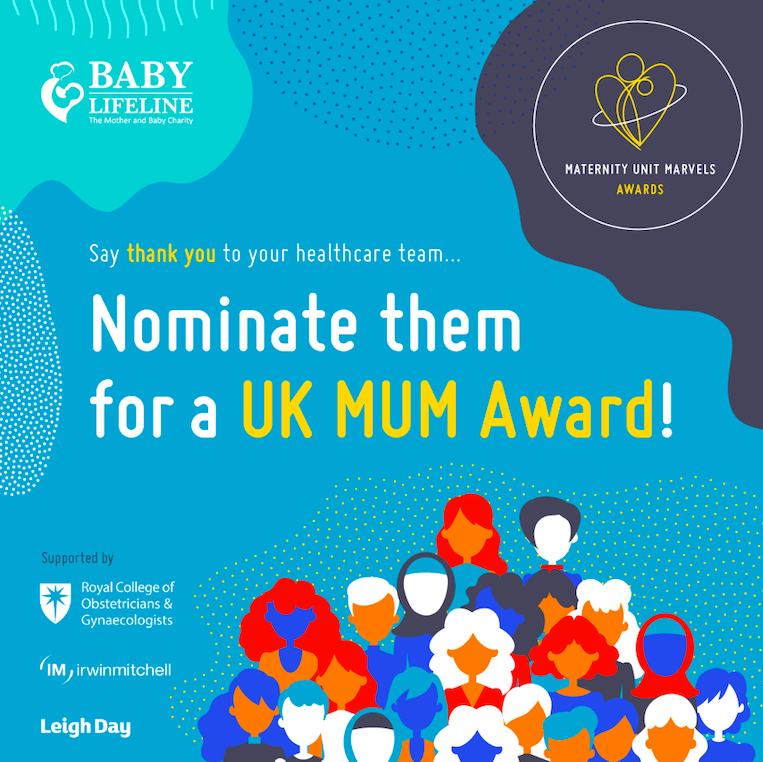 Blue square graphic, with illustration of people with the text 'Nominate them for a UK MUM award'