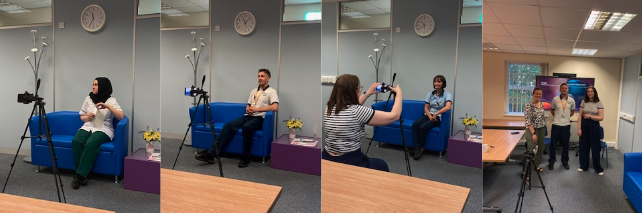 Set of four photographs showing people being filmed for a video.