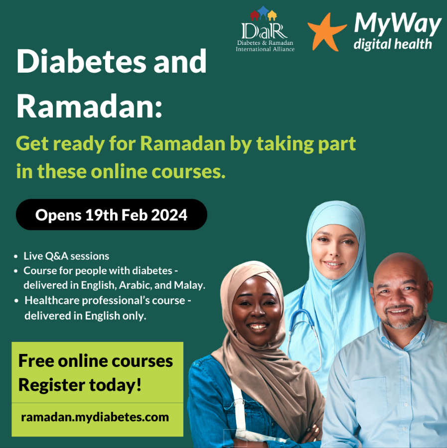 Photo of three health professionals, with details of the online diabetes Ramadan courses