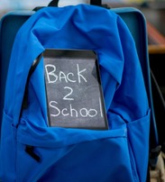 Image: Blue pack pack which reads 'Back 2 School'