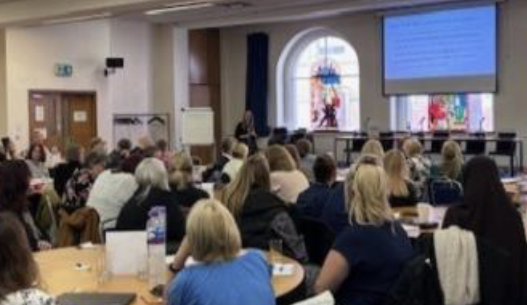 A photo of delegates listening to a speaker at the event.