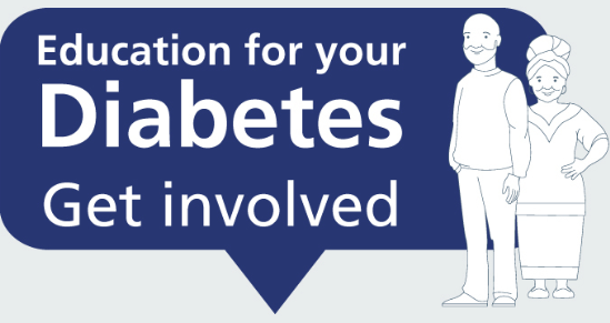 Photo of a graphic showing two people with the words 'Education for your diabetes, get involved'