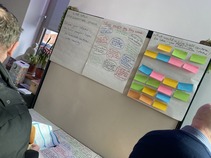 Live Well imagination space -  people talking in front of notes on a paper wall