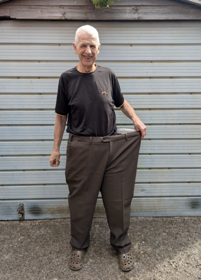 John modelling his old trousers