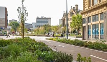  buildings, green space and cycle tracks