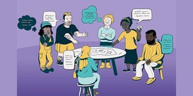 Illustration of group of people around a table, participating together