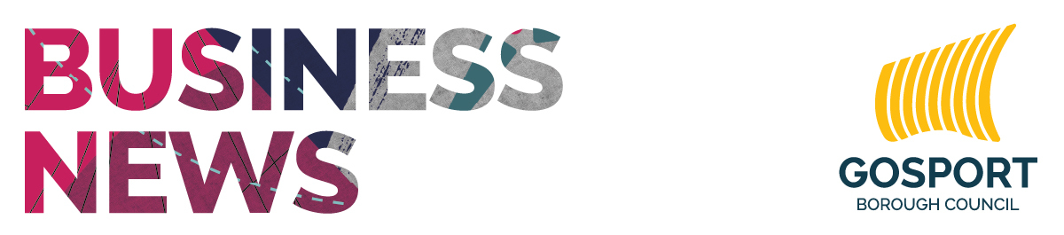 Business news header featuring colourful Business news text and the Gosport Borough Council logo