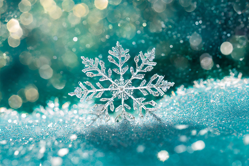 A large snowflake standing on a bed of snow with glowing lights behind.