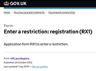 Form RX1 with the title 'Enter a restriction: registration (RX1)'