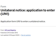 Section of HM Land Registry form UN1 Application to enter a unilateral notice