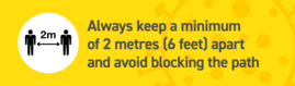 Always keep a minimumof 2 metres (6 feet) apart and avoid blocking the path