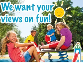 Image shows four children playing on park equipment and includes text We want your views on fun! havant.citizenlab.co
