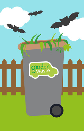 Illustration of a garden waste bin with plant cuttings inside and bats flying above it.
