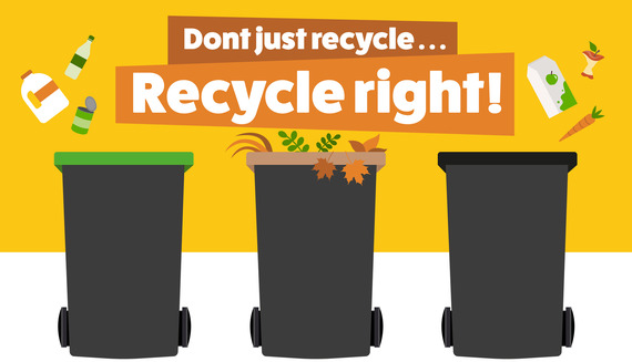 Image with wheelie bins and the text "Don't just recycle... recycle right!".