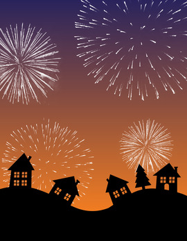 Illustration of fireworks lighting up the sky above silhouettes of houses and trees.