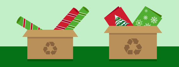 Illustration of two cardboard boxes with recycling symbols on them, containing wrapping paper and Christmas cards.