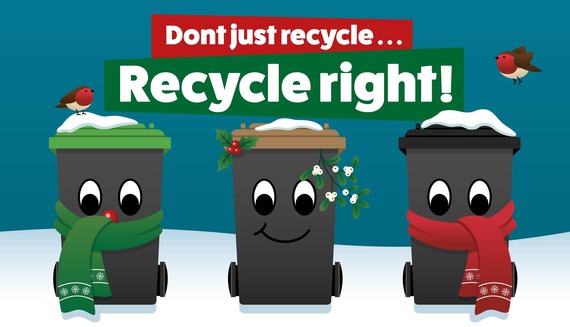 Don't just recycle... Recycle Right! Header image of Christmas themed bins.