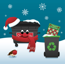 Illustration of a plastic recycling bin and a household recycling bin with an advent calendar inside.