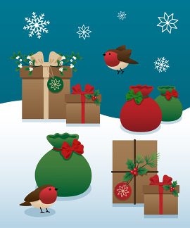 Illustration of Christmas presents wrapped in sustainable materials.