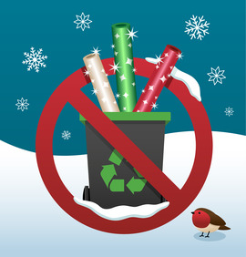 Illustration of non-recyclable wrapping paper in a recycling bin, with a prohibited sign.