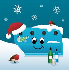 Illustration of a glass bank with glass bottles and jars.