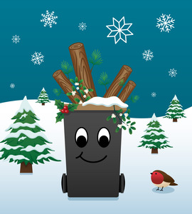 Illustration of a garden waste bin with logs inside.