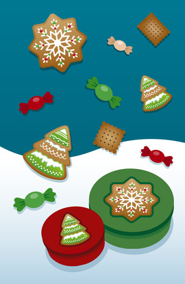 Illustration of tubs with sweets, biscuits, and crackers.