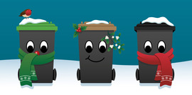 Illustration of a recycling bin, garden waste bin, and rubbish bin.